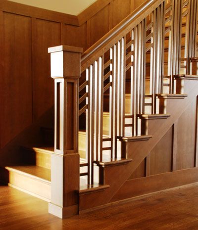 Arts and Crafts Architectural Style, Craftsman Stairs, Craftsman Staircase, Arts And Crafts Style Homes, Arts And Crafts Interiors, Handrail Design, Craftsman Interior, Arts And Crafts Furniture, Arts And Crafts House, Stair Case