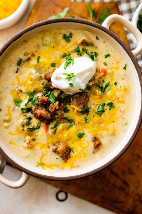 Creamy Sausage Potato Soup Recipe - CucinaByElena Baked Potato With Cheese, Leftover Baked Potatoes, Sausage Potato Soup, Italian Soup Recipes, Baked Potato Soup Recipe, Sausage Potato, Balsamic Recipe, Loaded Baked Potato, Creamy Potato Soup