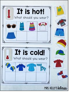 Dressing for the weather - temperature discussions for a weather unit Weather Clothes Sorting Activity, Weather Activities Special Education, Preschool Clouds Activities, Weather Snacks Preschool, Temperature Activities For Preschool, Weather Activity Kindergarten, Temperature Activities For Kids, Season Preschool Activities, Winter Weather Activities Preschool