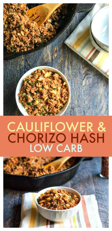 This cauliflower chorizo hash is a quick and easy low carb side dish. Simple, healthy, tasty and only 4.6g of net carbs. #chorizo #hash #lowcarb #cauliflower #cauliflowerrice #lowcarbsidedish #healthyrecipe #rice Cauliflower Chorizo, Best Cauliflower Recipe, Chorizo Hash, Low Carb Side Dish, Low Carb Side, Chorizo Recipes, Hash Recipe, Quick Diet, Easy Cauliflower