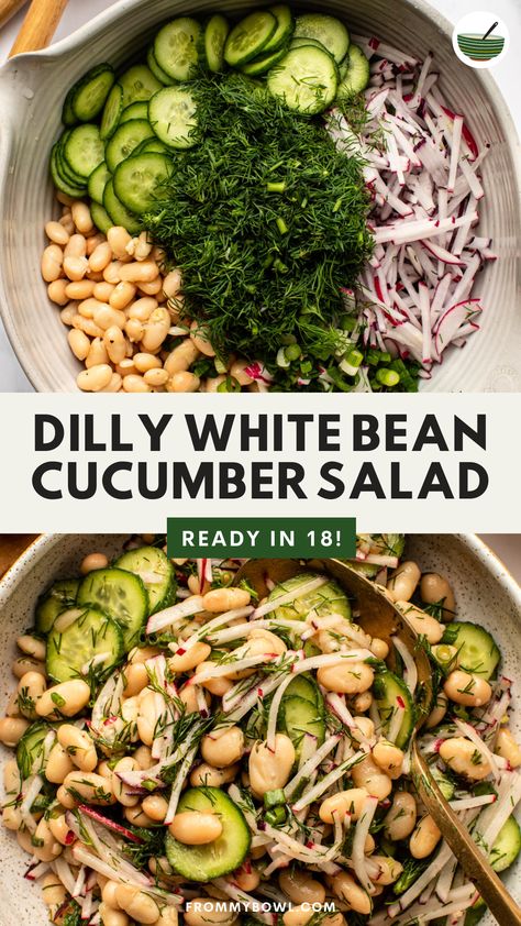 This Dilly White Bean Cucumber Salad is a picnic-perfect side dish that tosses crisp cucumbers, creamy white beans, and lots of fresh dill with a refreshingly zingy vinaigrette. Vegan and Gluten-Free, Oil-Free Option. White Bean Summer Salad, Summer Salad Cucumber, Cucumber Meal Prep, Bean Salad Lunch, Health Dinner Side Dishes, Lean Clean Meals, Black Bean Cucumber Salad, Fresh Side Dishes Summer, Dill Bean Salad