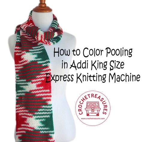 How to Color Pooling in Addi King Size Express Knitting Machine        You will need a variegated yarn of any brand. Unravel few yards ... Color Pooling, Knitting Machine Tutorial, Addi Knitting Machine, Addi Express, Knitting Things, Loom Machine, Circular Knitting Machine, Knitting Machine Patterns, Loom Knitting Patterns