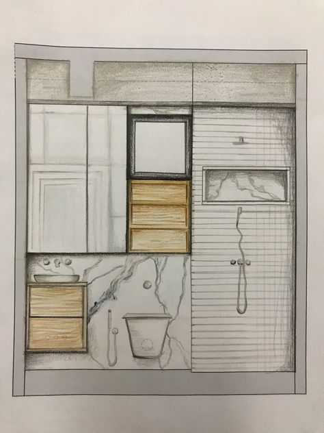 Hand rendered bathroom elevation Bathroom Rendering Design, Elevation Rendering Hand, Rendered Elevation Interior, Elevation Drawing Interior, Bathroom Elevation Drawing, Bedroom Elevation Drawing, Interior Elevation Drawing, Rendered Bathroom, Bathroom Elevation