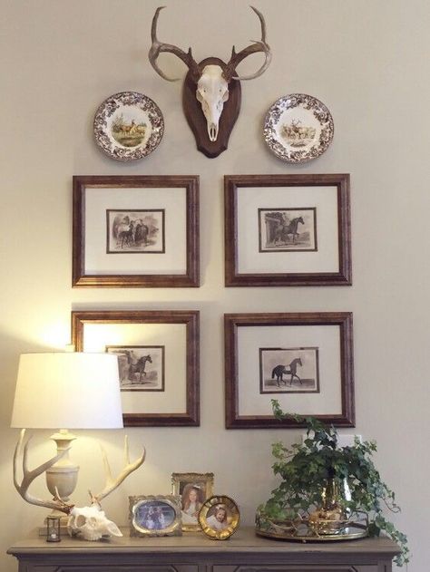 Deer Mount Living Room Decor, Mounts In Living Room Animal, Clean Traditional Decor, Tasteful Taxidermy Decor, Decor With Deer Mounts, Animal Mounts Living Room, Deer Mount Wall Arrangement, European Mount Decor, Decorating With Deer Mounts