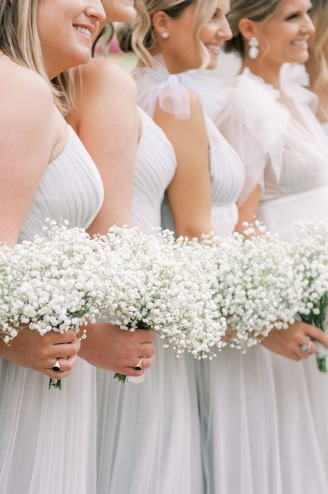 A Picturesque DC Country Club Wedding for Ellen and Jack - White bridesmaids dresses, matching bridesmaids, traditional wedding decor, baby's breath bouquet. Traditional wedding photography of indoor wedding inspiration for brides, outdoor weddings, mother of the bride, bridesmaids and groomsmen. Country Club weddings in Washington D.C. Glint Events: Wedding and Event Planning in Central Virginia, Charlottesville and Washington DC | Alicia Lacey Photography, Congressional Country Club Wedding Flowers Traditional, Bridesmaids With Single Flower, Mothers Bouquet Wedding, Mother Of Bride Bouquet, Baby Breath Bouquet Bridesmaids, Wedding Bouquet Baby Breath, Baby’s Breath Bridesmaid Bouquets, All White Bride Bouquet, Babies Breath Bridesmaid Bouquet