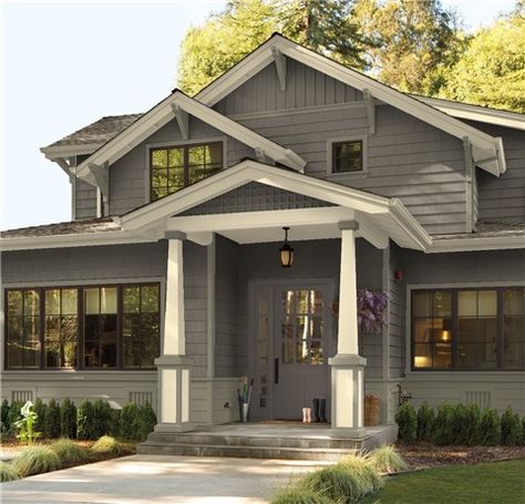 Look at the paint color combination I created with Benjamin Moore. Via @benjamin_moore. Main Siding: Deep Creek 1477; Trim: Sag Harbor Gray HC-95; Accent: Gloucester Sage HC-100; Door: Midsummer Night 2134-20. Exterior Trim Colors, Benjamin Moore Exterior Paint, Benjamin Moore Exterior, Gray House Exterior, House Paint Color Combination, Color Combinations Paint, Exterior House Paint Color Combinations, Exterior House Color, Easter Lily