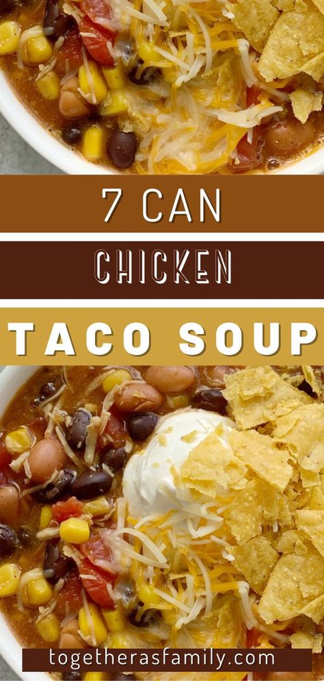 Dinner does not get any easier than this 7 Can Chicken Taco Soup! Dump 7 cans into a pot plus some seasonings and that's it! Serve with tortilla chips, cheese, and sour cream. You won't believe how yummy & easy it is. If you really don't want to use canned chicken then substitute with 2 cups of shredded or chopped cooked chicken. At least try it once with the canned chicken and I am betting you'll love it! 7 Can Taco Soup Recipe, 7 Can Chicken Taco Soup, Dinner Soup Recipes, Easiest Dinner, Chicken Tacos Easy, Can Chicken, Chicken Tortillas Soups Recipe, Chicken Breast Recipes Baked, Taco Soup Recipe