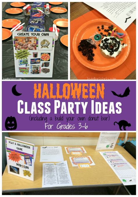 Searching for ideas for a Halloween Class Party for your older elementary students? Check out these activities including a decorate your own donut bar! Great for 3rd, 4th, 5th and 6th grade! Halloween Class Party Ideas, Third Grade Halloween, Class Party Ideas, School Party Games, Halloween Classroom Activities, Classroom Halloween Party, Halloween Class Party, School Halloween Party, Donut Bar