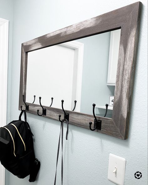 Wall Mirror With Hooks, Mirror With Coat Hooks, Entry Mirror With Hooks, Fixer Upper Decor, Farmhouse Mirrors, Wooden Mirror Frame, Entryway Mirror, Mirror With Hooks, Farmhouse Charm