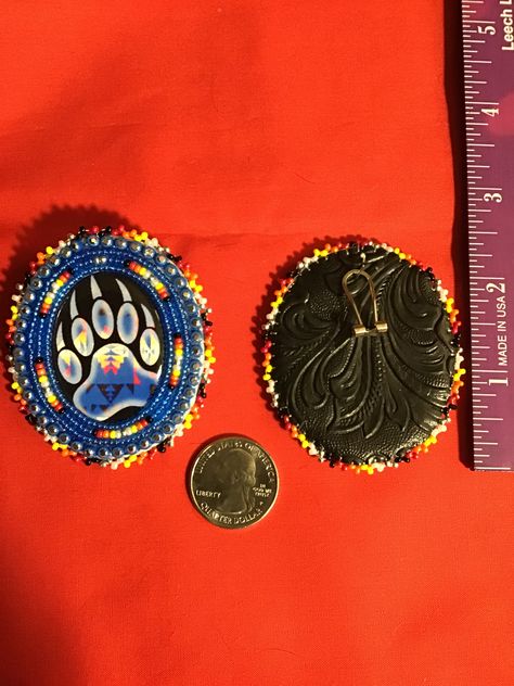 Beaded bear paw earrings. Made June 24, 2018 Beaded Bear Paw, Bear Paw Earrings, Caribou Tufting, Beaded Bear, Paw Earrings, Beadwork Ideas, Native Beading, Beadwork Earrings, Native Beading Patterns