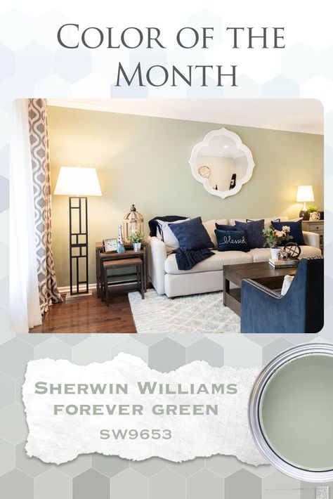 Explore how to decorate your home with this month's Color of the Month! Everything you need to know about using Sherwin William's Forever Green paint color and how to make it work in your home. Sherwin Williams, Sherwin Williams paint colors, paint colors, forever green, sage green, green paint colors #SherwinWilliams #SherwinWilliamspaint #paintcolors #forevergreen #forevergreenpaint #sagegreen Sherwin Williams Light Sage Green Colors, Sherwin Williams Forever Green, Green Family Room Ideas, Forever Green Sherwin Williams, Sw Forever Green, Spinach White Sherwin Williams, Popular Green Sherwin Williams, Light Green Paint Colors Living Room, Livable Green Sherwin Williams Bedrooms