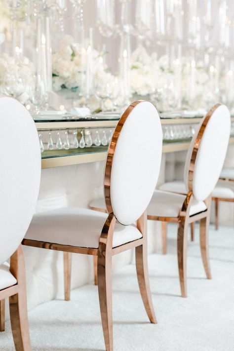 Luxury white leather and rose gold chairs. The Resort at Pelican Hill wedding by Cavin Elizabeth Photography and Details Details White And Gold Chairs Wedding, Chairs For Events, Modern Wedding Chairs, White And Gold Chair, Gold Chairs Wedding, Wedding White Chairs, White Chairs Wedding, Gold Wedding Chairs, Rose Gold Chair