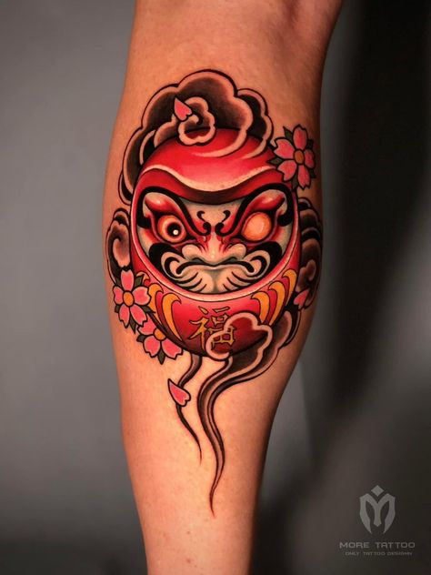 Daruma Doll Tattoo Design Black And Grey, Japanese Daruma Tattoo, Daruma Doll Tattoo Design Leg, Daruma Doll Tattoo Design Colored, Japanese Daruma Tattoo Design, Neck Tattoo Simple, Daruma Doll Tattoo Design, Daruma Tattoo Design, Vel Tattoo Design