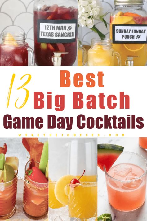 The best big batched cocktails that make stress-free Super Bowl entertaining! These easy football party drinks are perfect for game day while watching your favorite team with friends. Game Day Alcoholic Drinks, Game Day Drinks Alcohol, Game Day Punch Alcohol, Football Punch Alcohol, Premade Drinks For Party, Football Party Punch, Gameday Cocktails, Tailgating Cocktails, Pregame Drinks