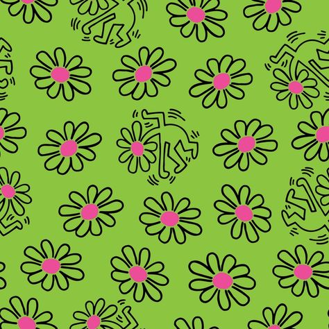 Flower Child (Grass Green), Keith Haring. Keith Haring Wallpaper, Child Wallpaper, Expressive Lines, Spirit Blossom, Graffiti Flowers, Wallpaper Panel, Red Daisy, Indie Room Decor, Girly Design