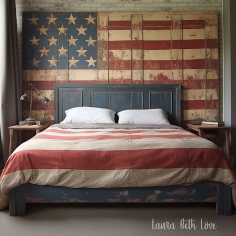 Patriotic Room Decor, Patriotic Bedroom Ideas, American Flag Room, Red White And Blue Bedroom, Patriotic Bedroom, Red Painted Furniture, Americana Home, Upcycle Repurpose, House Deco