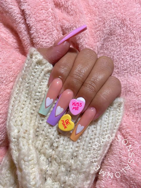 Valentines Candy Nails, Valentine Candy Heart Nails, Conversation Hearts Nails, Conversation Heart Nails, Purple Valentines Day Nails, Candy Heart Nails, Sweetheart Nails, Valentines Things, Purple Valentine