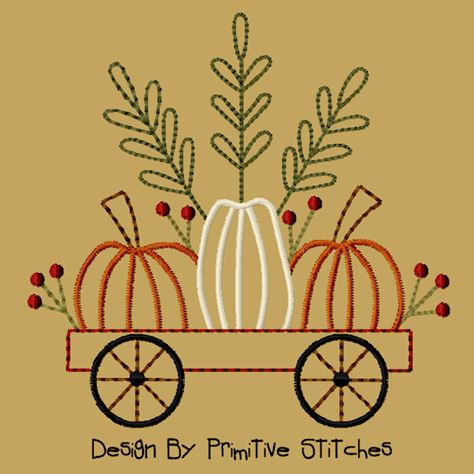 Little Red Pumpkin Cart-5x7-CW Pumpkin Cart, Red Pumpkin, Red Pumpkins, Machine Embroidery Quilts, Primitive Stitchery, Primitive Painting, Redwork Embroidery, Felt Embroidery, Paper Embroidery