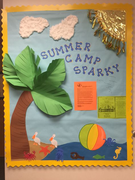 Summer camp sparky bulletin board @metkat1231 Summer Camp Display Ideas, Summer Camp Board Decoration, Summer Camp Decoration Ideas For School, School Library Decor, Decorating Flip Flops, Summer Bulletin Boards, Preschool Decor, School Library Displays, Fall Arts And Crafts