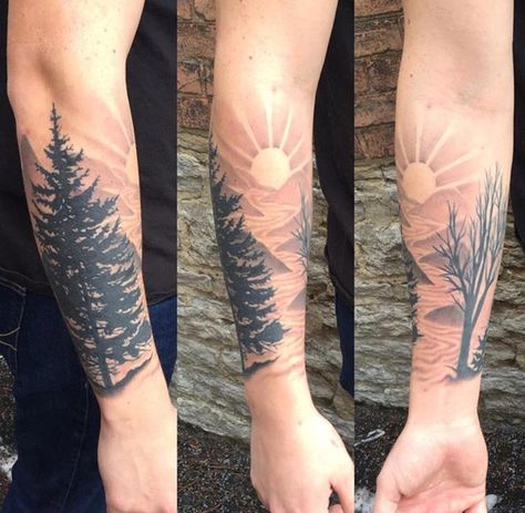 Landscape tattoo nature trees mountains sun silhouette black and grey Luke Tattoo, Landscape Tattoos, Code Tattoo, Sunrise Tattoo, Tat Inspiration, Pictures Landscape, Sun Silhouette, Tattoos Pictures, Nature Tattoo Sleeve