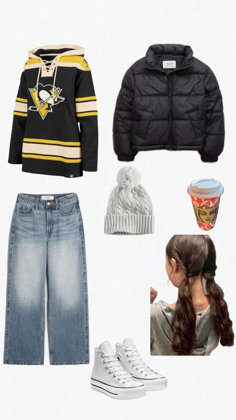 hockey, hockey gf, hockey girlfriend, penguins outfit, ppg, pittsburgh, pittsburgh penguins, pgh, ppg paints arena, cold, winter jacket, converse, hairstyle, jersey, jersey outfit Pittsburgh Outfits, Hockey Jersey Outfit, Hockey Outfits, Hockey Girlfriend, Ppg Paint, Jersey Outfit, Pittsburgh Penguins, Hockey Jersey, Outfits Winter