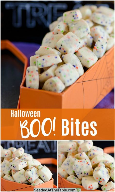 These tiny Halloween shortbread cookies come together very quickly for festive little munchies everybody will love!  A fun alternative to cut-out Halloween sugar cookies, these BOO! Bites are a perfect Halloween teacher gift. Quick And Easy Halloween Desserts, Halloween Shortbread Cookies, Halloween Sugar Cookies Decorated Easy, Halloween Baking Ideas Desserts, Halloween Cookies Decorated Easy, Halloween Dessert Ideas For Parties, Diy Halloween Cookies, Halloween Cookies For Kids, Halloween Shortbread