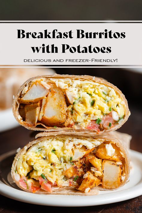 These Breakfast Burritos with Potatoes are really easy to make and freezer-friendly so they're the perfect savory breakfast to make ahead, defrost, and reheat as needed! They're filling, satisfying, healthy, and vegetarian! Meatless Breakfast Burrito, Authentic Breakfast Burritos, Vegetarian Breakfast Burritos Freezer, Low Cal Breakfast Burrito, Authentic Mexican Breakfast Burritos, Breakfast Ideas With Potatoes, Breakfast Burritos Vegetarian, Make Ahead Burritos, Breakfast Burritos With Potatoes