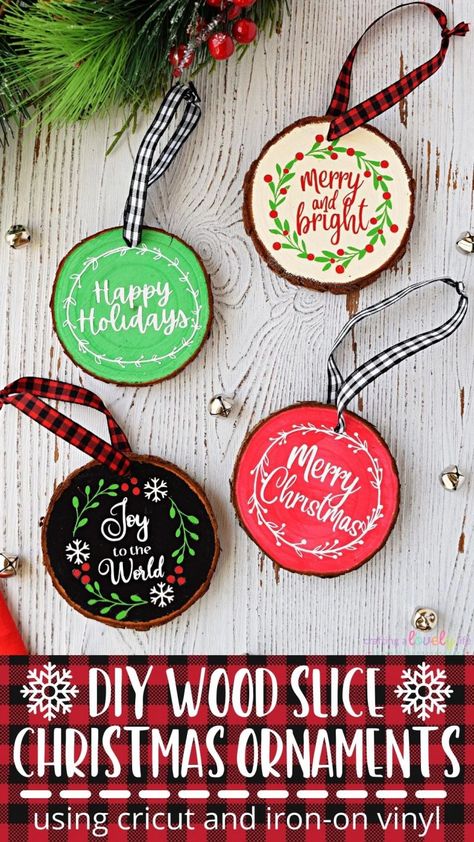 Easy Cricut Projects For Beginners Christmas, Fundraiser Craft Ideas, Wood Slice Ornament Ideas Cricut, Cricut Wood Ornament Ideas, Diy Round Wooden Christmas Ornaments, Homemade Christmas Ornaments Cricut, Easy Cricut Ornaments, Wood Slice Cricut Projects, Cut Wood Ornaments With Cricut