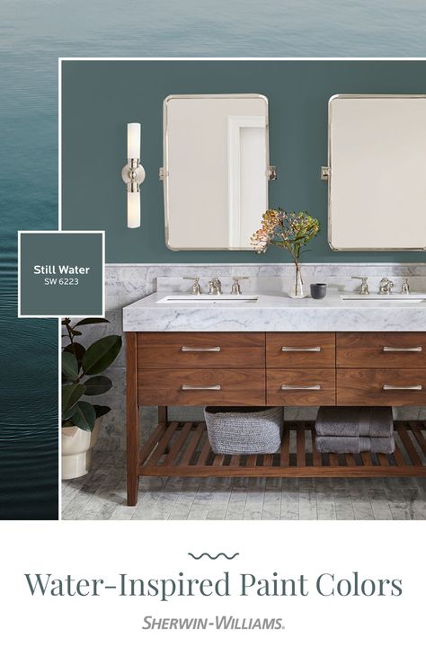 Paint your way to a calm and nourishing space with water-inspired colors from Sherwin-Williams. Tap this pin to discover three blue hues for your next bathroom or kitchen DIY painting project. (Bonus: They pair perfectly with @rejuvenationinc lighting and fixtures.) #sherwinwilliams #diy #paint #project #colorinspiration #bathroom #kitchen #rejuvenation #remodel Sw Still Water Paint, Sw Still Water, Bathroom Paint Color Inspiration, Calming Bathroom Ideas, Bathroom Paint Finish, 2021 Paint Color Trends, Bathroom Cabinet Colors, Best Bathroom Paint Colors, Bathroom Wall Colors