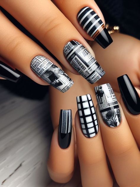 A striking black and white nail design with bold graphic elements, resembling newspaper print for a trendy urban vibe Newspaper With Brush Nail Art, Black And White Nail Design, Newspaper Nail Art, White Nail Design, Newspaper Nails, Black And White Nail, Black And White Nail Designs, Newspaper Print, Newspaper Printing