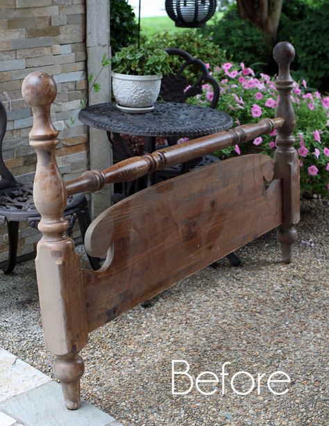 Roadside Footboard Repurposed | Confessions of a Serial Do-it-Yourselfer Antique Bed Repurpose, Repurpose Old Headboard And Footboard, Repurpose Bed Posts, Antique Bed Frame Repurposed, Repurposed Wood Bed Frame, Bench Made From Old Bed, Repurposed Headboard And Footboard, Repurposed Bed Frames Wood, Repurposed Footboard Ideas