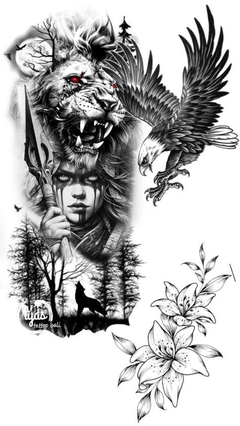 Leon Tattoo, Lion Warrior, Aztec Warrior Tattoo, Valkyrie Tattoo, Chicano Tattoos Sleeve, Half Sleeve Tattoos Drawings, Cobra Art, Native Tattoos, Realistic Tattoo Sleeve