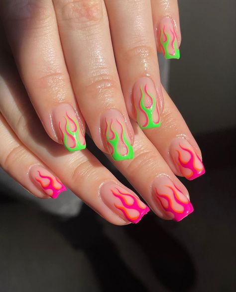 Green Flames Nails, Flame Nails Green, Nails With Flame Design, Summer Vibes Nails, Neon Purple Nails, Neon Summer Nails, Neon Blue Nails, Neon Orange Nails, Flame Nails