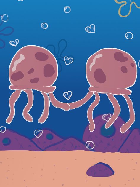 Trippy Jellyfish Drawing, Spongebob Jellyfish Drawing, Jelly Fish Spongebob, Spongebob Jellyfish Painting, Cute Jellyfish Drawing, Spongebob Love, Spongebob Painting Ideas, Spongebob Jellyfish, Pink Canvas Art