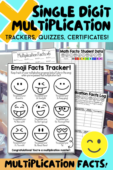 Are you looking for an easy way to keep track of students’ multiplication fact progress and celebrate their success? This emoji themed resource helps students take accountability for their learning as they track their own growth! Quizzes for each single digit multiplication fact are included to assess mastery. You can also track their data on the tracker provided which may come in handy when conferencing with students or speaking with parents. Take Accountability, Multiplication Facts Worksheets, Math Sheets, Learning Mathematics, Math Tasks, 1st Grade Math Worksheets, Math Workbook, Daily Math, Printable Math Worksheets