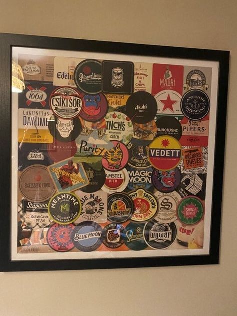 Exclusive handmade Wall Art crafted from an eclectic mix of modern and vintage beer coasters.  All coasters personally collected and crafted into a unique piece of artwork showcasing a vibrant mix of colours and designs featuring iconic brands. Coaster Wall Decor, Beer Can Coasters Diy, Craft Beer Bar Interior, Beer Can Coasters, Beer Coaster Art, Beer Wall Art Vintage, Gold Rooms, Coaster Art, Wall Art Crafts