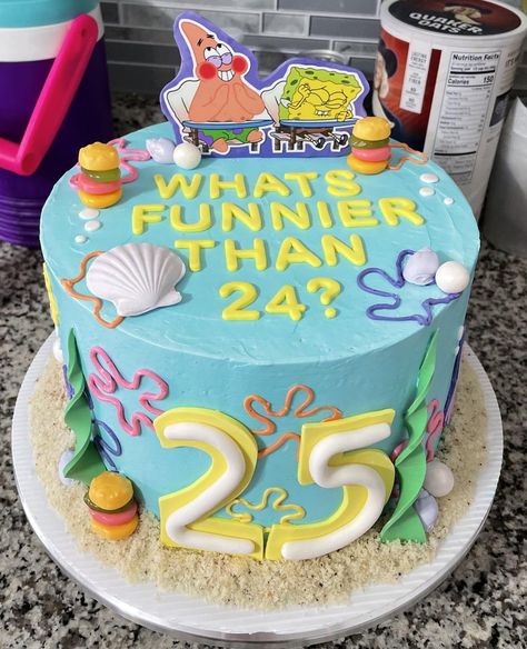 25th Birthday Ideas For Him Spongebob, Spongebob Birthday Aesthetic, 25th Birthday Spongebob Cake, 25th Bday Spongebob, Spongebob What's Funnier Than 24 Cake, Simple Spongebob Cake, Spongebob Birthday Party 25 Cake, Sponge Bob 25 Birthday Ideas, 25th Birthday Theme For Him