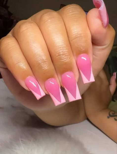 Cute Short Nail Sets Black Women, Pink Powder French Tip Nails, Bright Pink French Tip Nails Square, Pink On Pink French Tip Nails, Pink Medium Nails, Pink Short Acrylic Nails, Pink Tip Nails, Hard Nails, Drip Nails