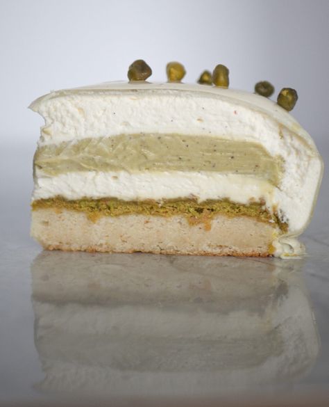 Pistachio Cake Filling, Vanilla Mousse Cake, Vanilla Bean Mousse, Entremet Recipe, Pistachio Cake Recipe, Vanilla Ganache, Vanilla Mousse, Pastry Display, Pistachio Butter