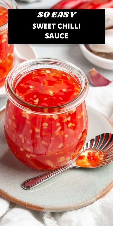 You will find many ways in which to enjoy my homemade Sweet Chilli Sauce and you will be pleasantly surprised how easy it is to make. It is made from ingredients that are readily available and, as with all foods that we make ourselves, we can control the quality of the ingredients which we use. It is certain to become a staple condiment in your home! Sweet Chilli Sauce Recipe, Homemade Sweet Chili Sauce, Sweet Chili Sauce Recipe, Chili Sauce Recipe, Thai Chili Sauce, Homemade Sauce Recipes, Sweet Chilli Sauce, Homemade Chili, Sweet Chilli