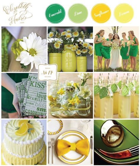 Such a fun and bright summer #wedding color palette of #emerald #green & #yellow. Green And Yellow Wedding, Green Color Palettes, Wedding Colors Summer, Wedding Color Schemes Spring, Wedding Color Palette Summer, Wedding Color Scheme, Best Wedding Colors, Colors Schemes, Summer Wedding Colors