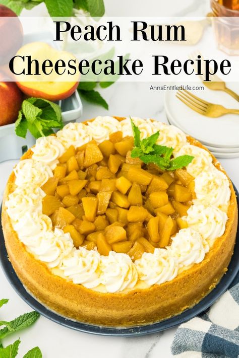 Fresh and Easy Peach Rum Cheesecake Recipe. Dive into a slice of paradise with this delightful peach rum cheesecake recipe. Experience the irresistible blend of juicy peaches, creamy cheesecake, and a touch of rum. Prepare to be swept away by the flavors and taste of this heavenly dessert. Rum Cheesecake Recipe, Fruity Deserts, Rum Cheesecake, Infused Desserts, Peach Moscato, Peach Rum, Cheesecake Pie Recipes, Peach Cheesecake, Delicious Cheesecake Recipes