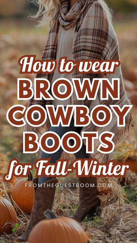 a woman wears brown cowboy boots for fall winter, western outfits Shin Boots Outfits, Classy Cowboy Outfit For Women, Cowgirl Boots Outfit Jeans Casual, Sweatshirt Cowboy Boots Outfit, Brown Country Boots Outfits, Western Outfits For Cold Weather, Ankle Cowboy Boots With Jeans, Fall Cowboy Boot Outfits Jeans, Women’s Casual Outfit With Cowboy Boots