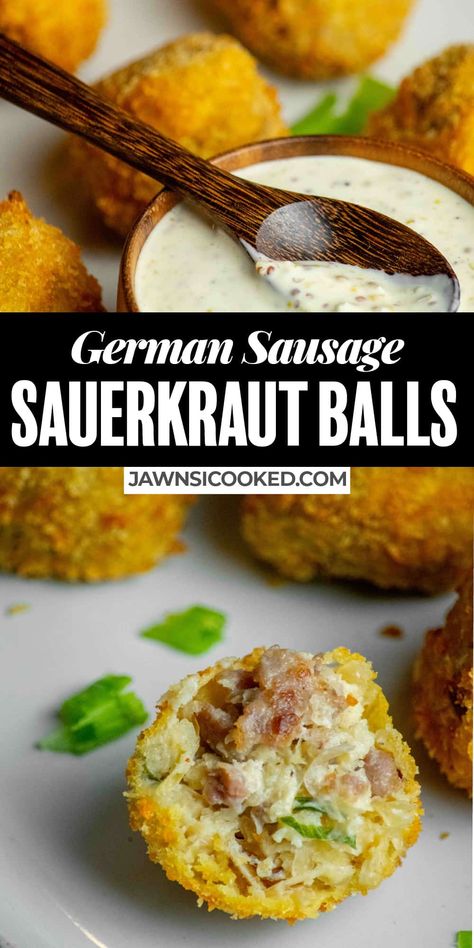 Sauerkraut Sausage Balls, Brat Appetizer Recipes, German Sauerkraut Balls, German Dinner Recipes Oktoberfest, German Food Appetizers, Foods With Sauerkraut, German Inspired Appetizers, Saurkraut Balls Dipping Sauce, Saurcraught Recipes