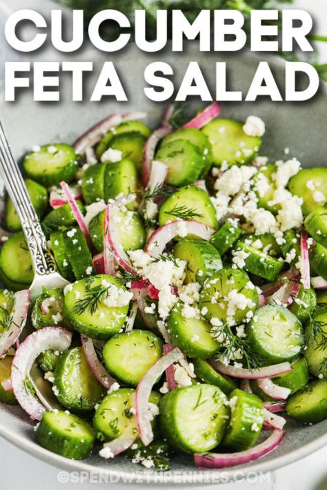 Cucumber And Feta Cheese Salad, Cucumber Feta Salad Recipes, Smashed Cucumber Salad With Feta, Lemon Cucumber Salad, Feta Cucumber Salad, Picnic Salads, Fire Recipes, Cucumber Salad Vinegar, Cucumber Feta Salad