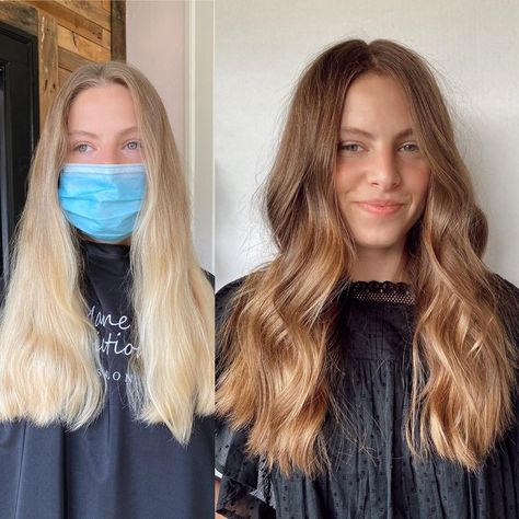 Bleached To Brunette, Blonde To Caramel Hair Before And After, Blonde Hair To Dark Hair Transformation, Natural Blonde To Brown Before And After, Light To Dark Hair Transformation, Glaze Hair Color Before And After, Blonde Before And After, Going From Blonde To Brunette Before And After, Hair Before And After