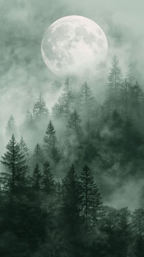 Moon Forest Aesthetic, Misty Forest Photography, Misty Trees Painting, Fantasy Aesthetic Pictures, Ethereal Art Inspiration, Misty Forest Aesthetic, Misty Forest Painting, Moon And Forest, Moonlight Forest