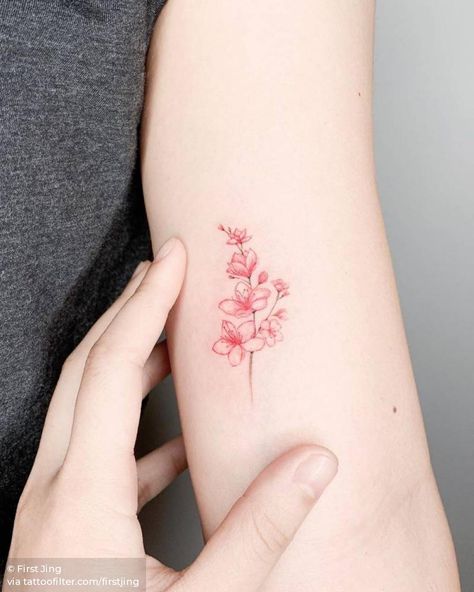 Tiny Cherry Blossom Tattoo Simple, Simple Red Tattoo, Small Cherry Blossom Tattoo, Pink Ink Tattoo, Cherry Tattoos, Foot Tattoos For Women, Tattoos For Women Flowers, Inspiration Tattoos, Red Ink Tattoos