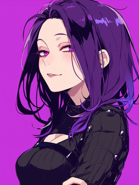 Purple Anime Woman, Anime Purple Hair Woman, Purple Hair Character Design, Purple Hair Anime Woman, Purple Hair Oc, Oc Pfp, Garden Spiral, Short Purple Hair, Girl With Purple Hair