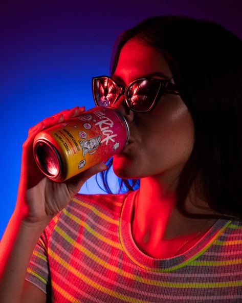 Drink Model Photography, Energy Drink Campaign, Neon Food Photography, Neon Lighting Photography, Drink Photoshoot Ideas, Neon Product Photography, Pepsi Photoshoot, Drinking Photoshoot, Soda Photoshoot